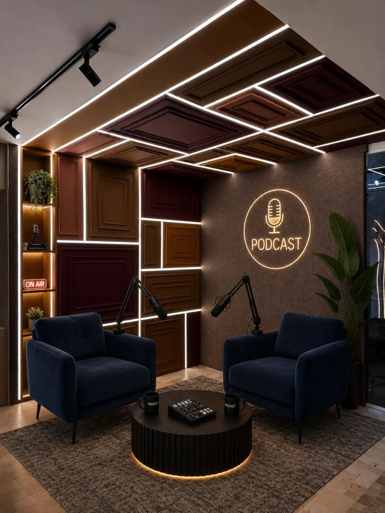 Navy velvet armchairs with desk-arm microphones under a lit panelled ceiling and a PODCAST neon sign